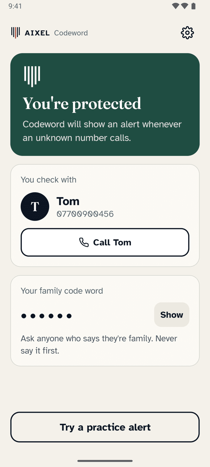 Codeword’s home screen on Mum’s phone: “You’re protected”, who she checks with, and her family code word hidden until she taps Show.
